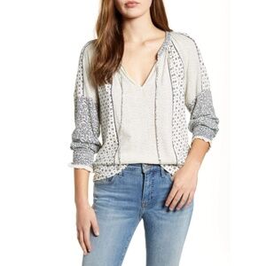 LUCKY BRAND Long Sleeve V-Neck Mix Print Peasant Top in Natural Multi Size XL